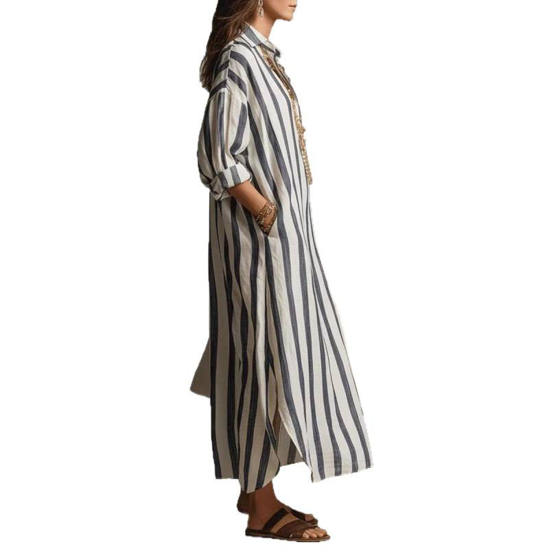 Damen Langes gestreiftes Hemdblusenkleid aus Leinenoptik mit V-Ausschnitt und Eingrifftaschen Shop Nory