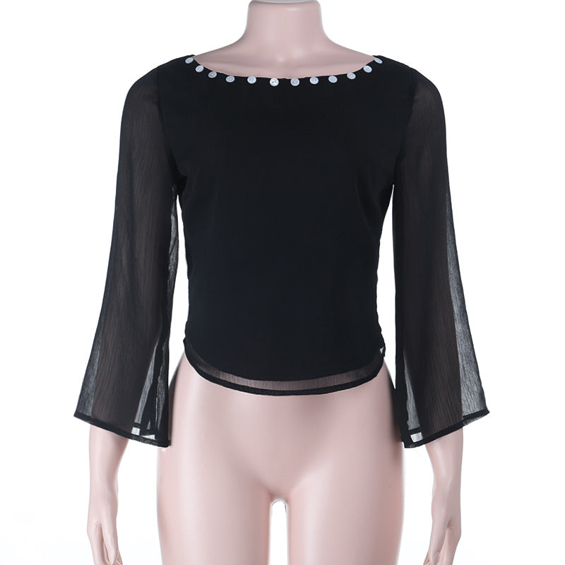 Damen Transparentes Chiffon-Cropped-Top mit Glockenärmeln und Zierperlen Shop Nory