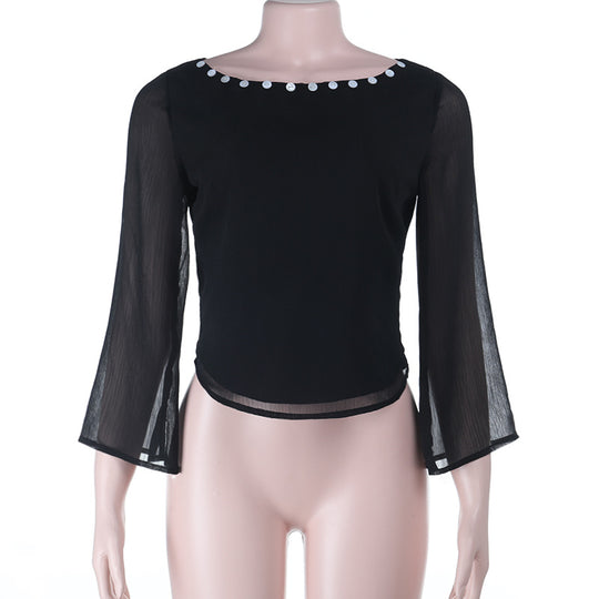 Damen Transparentes Chiffon-Cropped-Top mit Glockenärmeln und Zierperlen Shop Nory