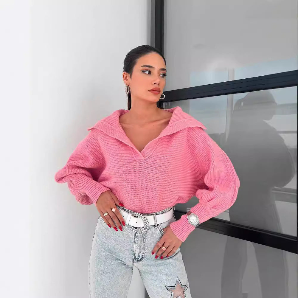 Damen Oversize Rippsweater mit Reverskragen und tiefem V‑Ausschnitt Shop Nory