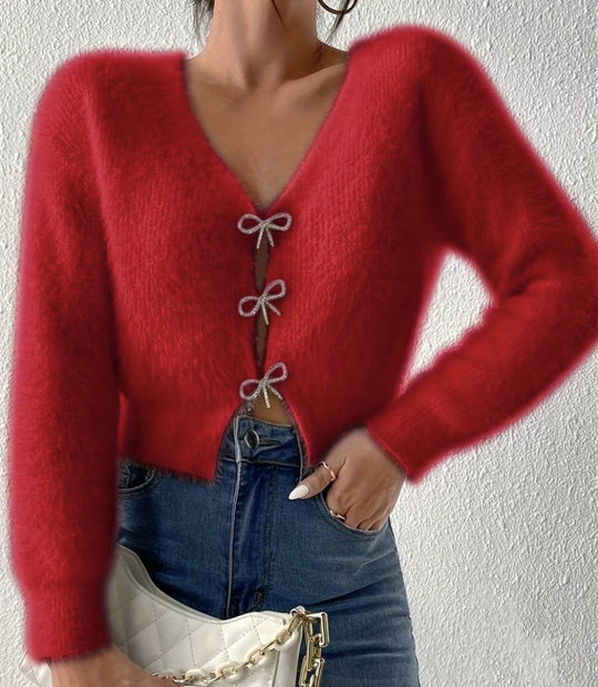 Damen Flauschiger Cropped-Cardigan mit V-Ausschnitt und Schleifen‑Verschlüssen Shop Nory