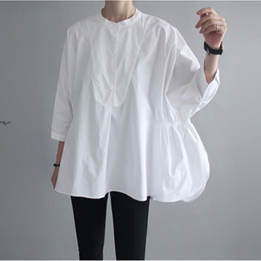 Damen Oversized-Bluse mit Stehkragen, ballonförmiger Silhouette und 3/4-Ärmeln Shop Nory