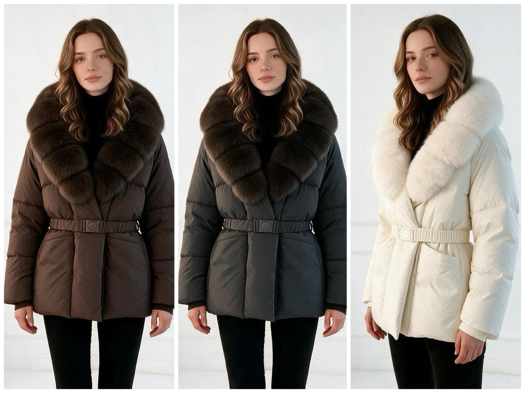 Damen nan taillierte Steppjacke mit übergroßem Webpelzkragen, taillierendem Gürtel und wärmender Thermofüllung Shop Nory