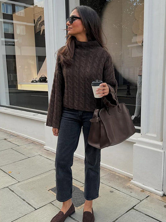 Damen Kurzgeschnittener Zopfstrick-Pullover mit Rollkragen & Ballonärmeln Shop Nory