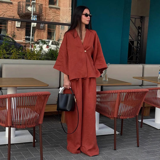 Damen Lässiges Leinenoptik-Zweiteiler mit Kimono-Blazer und weiter Palazzohose Shop Nory