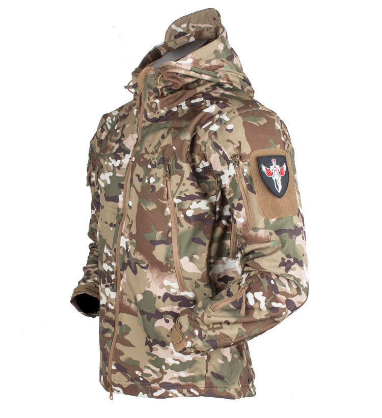 Herren Taktische Softshelljacke mit Kapuze, Tarnmuster und Mehrfach-Reißverschlusstaschen Shop Nory