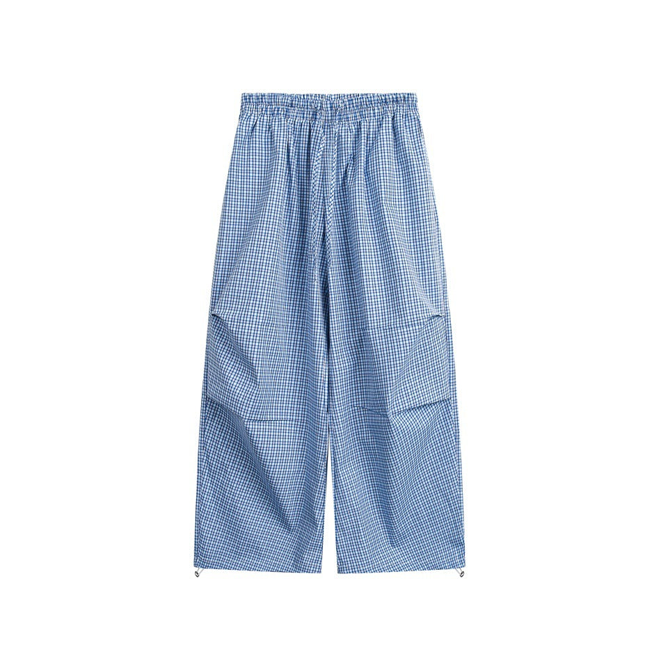 Damen Weite Baumwollhose mit elastischem Bund, Karomuster und verstellbarer Saumkordel Shop Nory