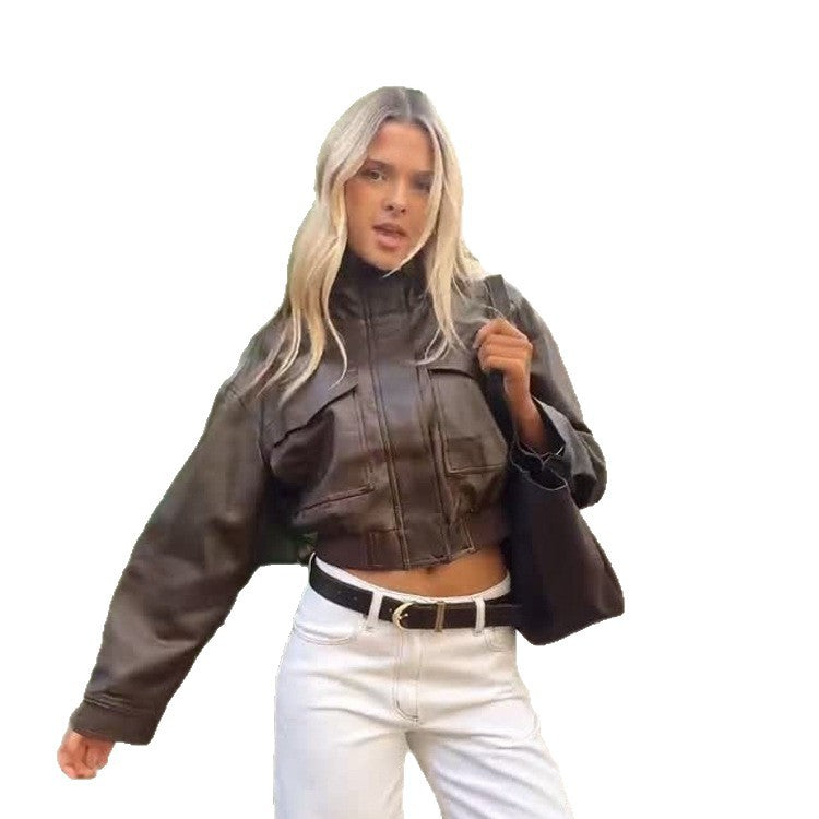 Damen Kurze Utility-Bomberjacke aus veganem Lederimitat mit hohem Stehkragen Shop Nory