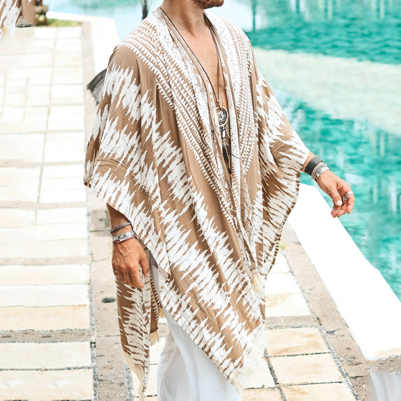 Herren Leichter Ethno-Strandkaftan mit V-Ausschnitt und Fransen Shop Nory