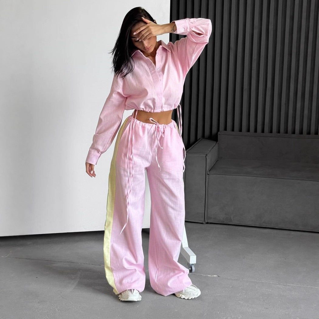 Damen Zweiteiliges Baumwoll-Leinen-Loungewear-Set mit Cropped-Hemdbluse und weitem Tunnelzug-Hose Shop Nory