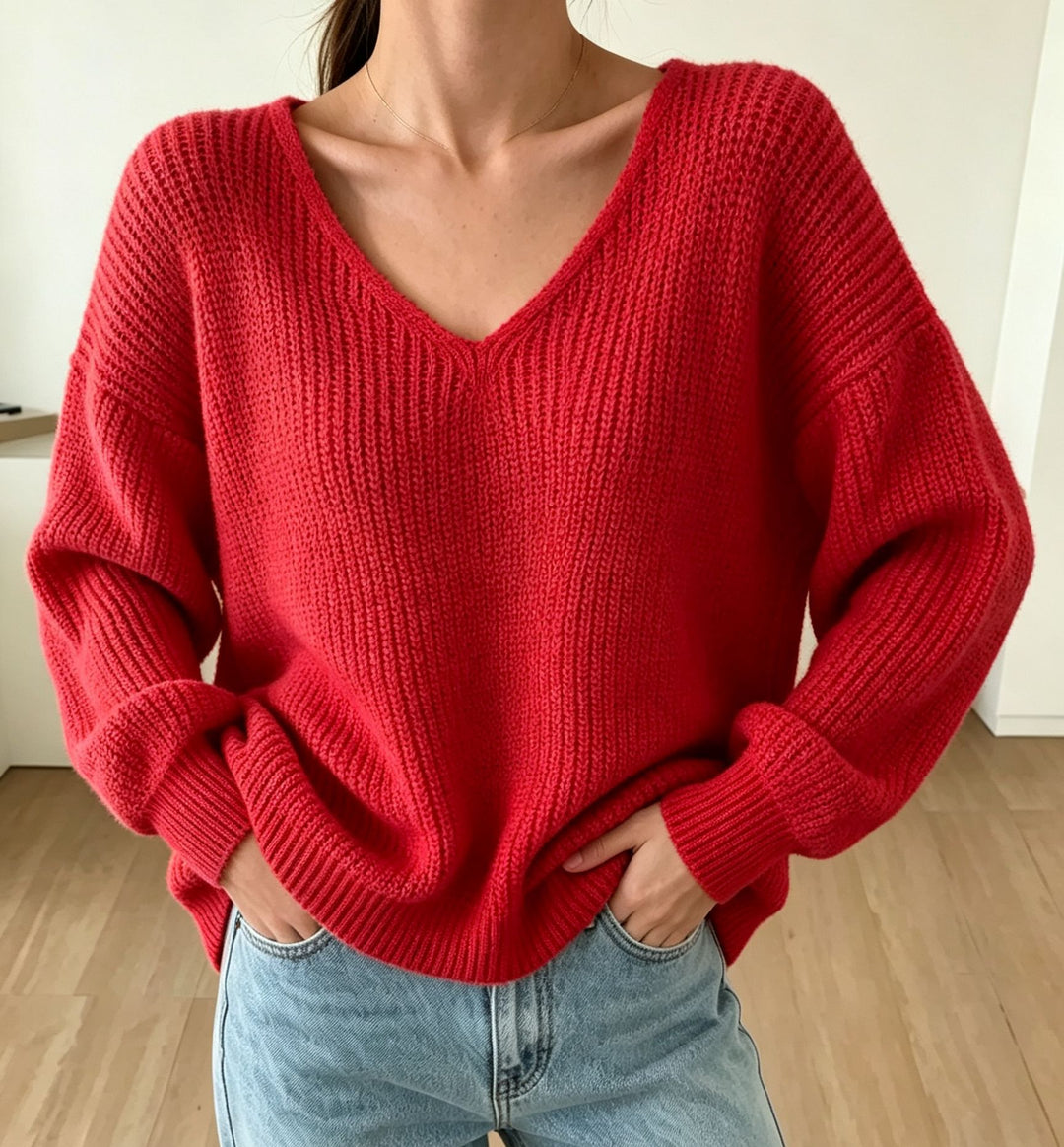 Damen Lässiger Boxy-Grobstrickpullover mit V-Ausschnitt und gerippten Bündchen Shop Nory