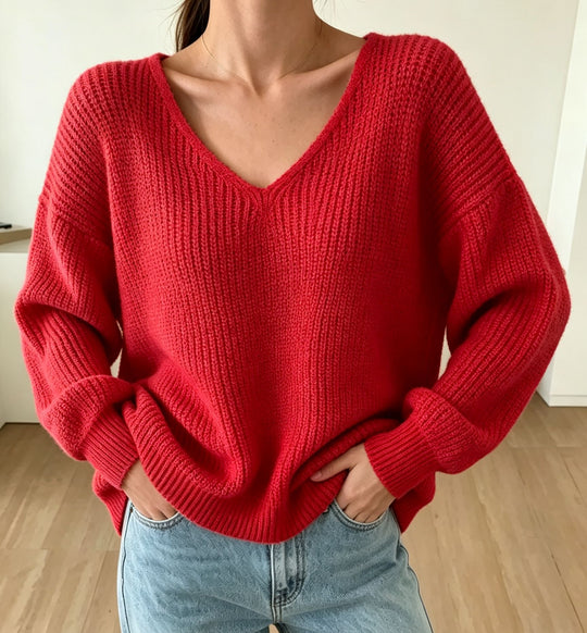 Damen Lässiger Boxy-Grobstrickpullover mit V-Ausschnitt und gerippten Bündchen Shop Nory