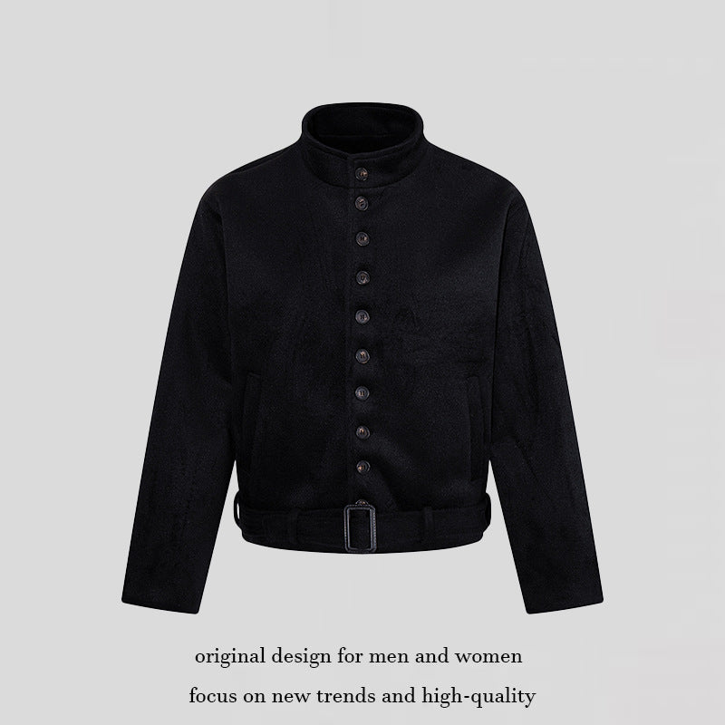 Herren Kurze Wollmix‑Jacke mit Stehkragen, durchgehender Knopfleiste und Taillengürtel Shop Nory