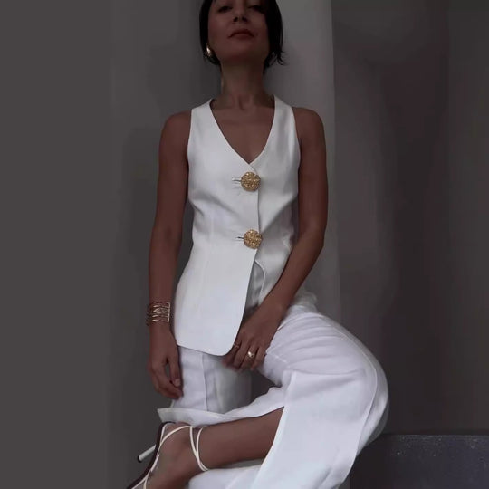 Damen Ärmelloses Tailoring-Set mit taillierter Weste, Zierknöpfen und weiter Palazzo-Hose Shop Nory