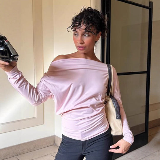 Damen nan asymmetrisches Off-Shoulder Longsleeve mit taillierter Silhouette und Daumenloch-Ärmeln Shop Nory