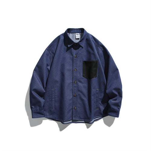 Unisex Oversize-Hemdjacke aus robuster Baumwollmischung mit kontrastierender Kunstleder-Brusttasche Shop Nory