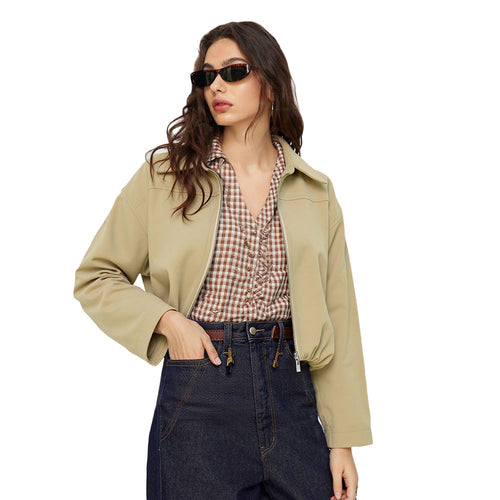 Damen kurze Oversize-Bomberjacke mit Reißverschluss, leichtem Kragen und elastischem Saum Shop Nory