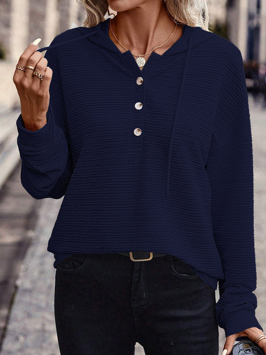 Damen Lässiges strukturiertes Kapuzen-Henley-Shirt mit Knopfleiste und Oversize-Schnitt Shop Nory