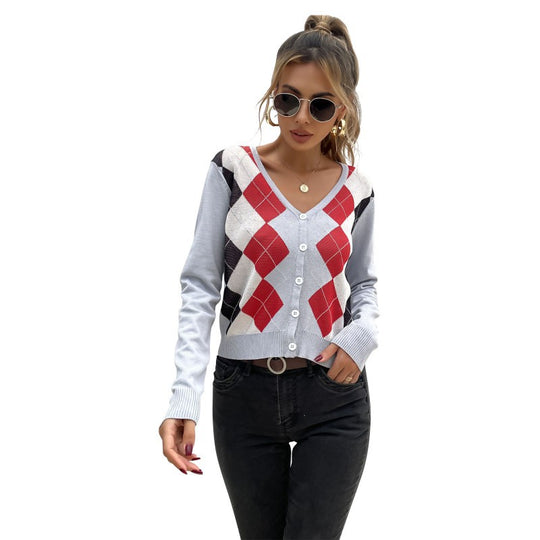 Damen Leichter Kurzcardigan mit Rautenmuster, V-Ausschnitt und Knopfleiste Shop Nory