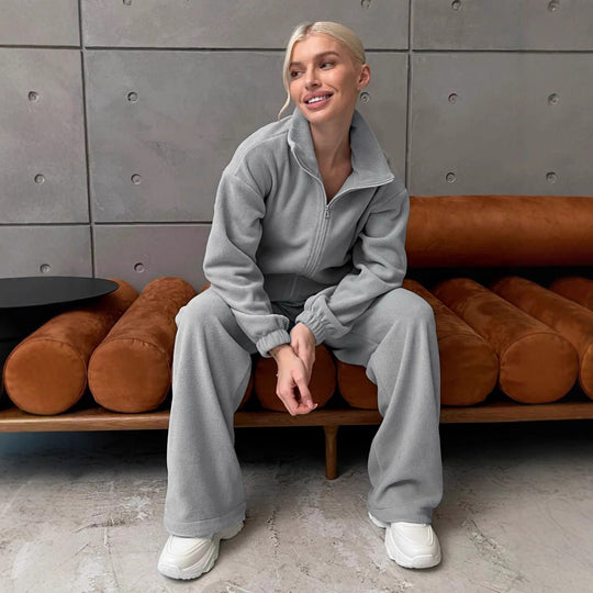 Damen Komfortables Fleece-Loungewear-Set mit kurzem Zip-Top und weiter High-Waist-Hose Shop Nory