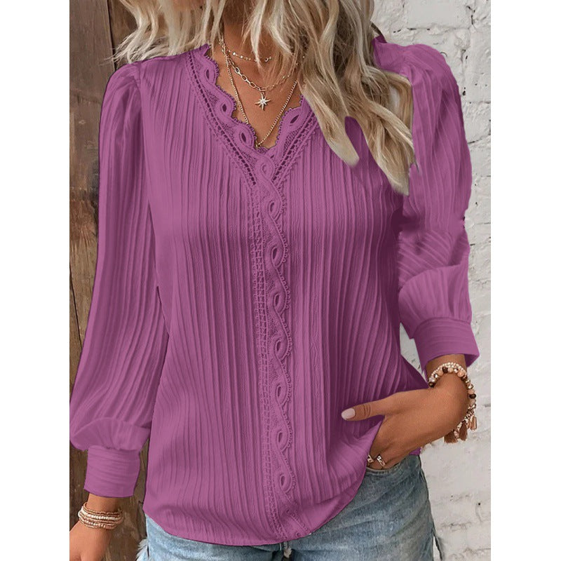 Damen Plissierte V‑Ausschnitt Bluse mit Spitzenbesatz und Ballonärmeln Shop Nory