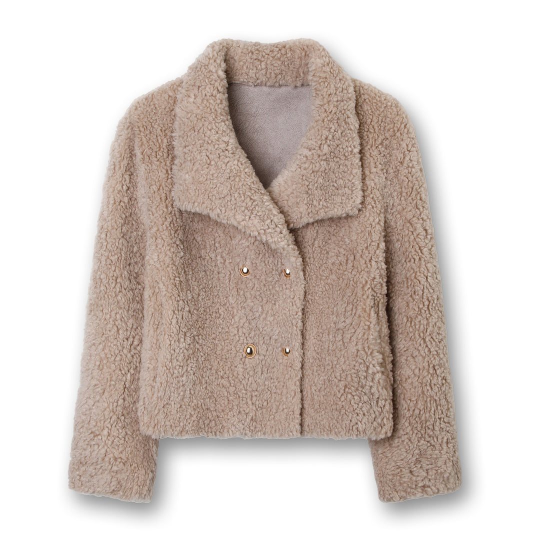 Damen Kurz geschnittene Teddy‑Felljacke mit Doppelknopfleiste Shop Nory