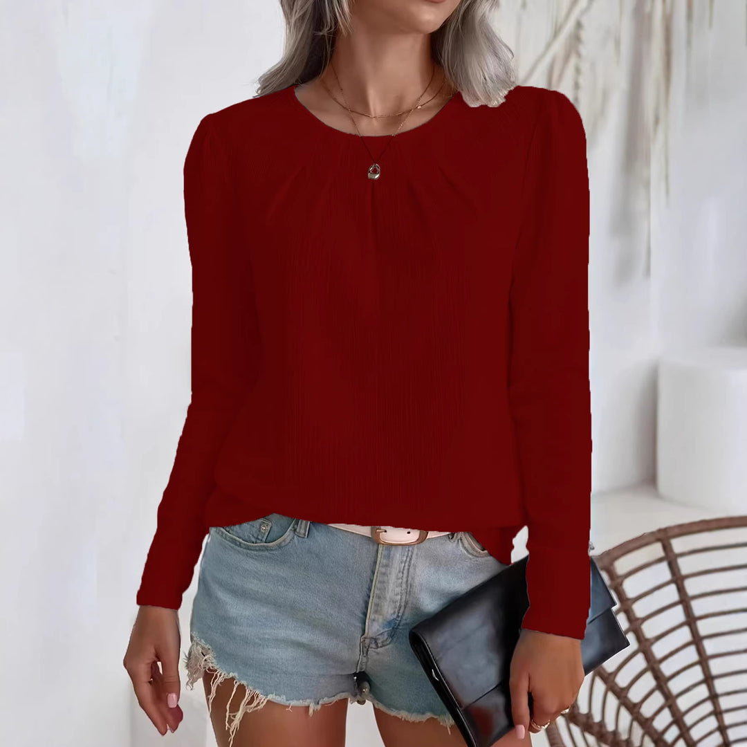 Damen leichte Strukturbluse mit gerafftem Rundhalsausschnitt und langen Ärmeln Shop Nory