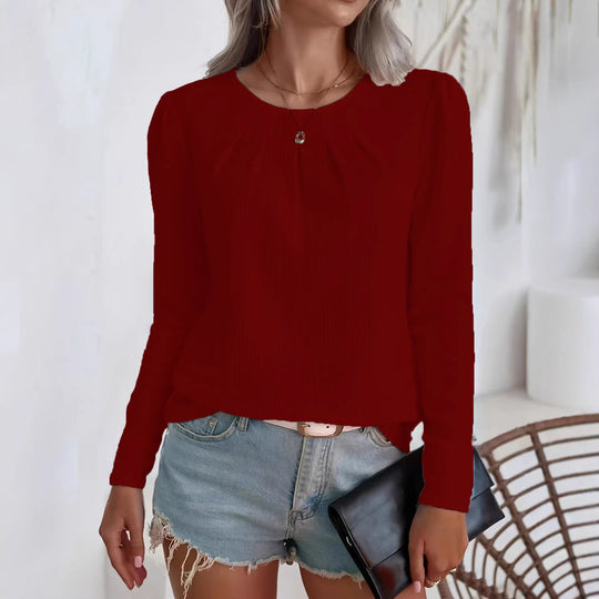 Damen leichte Strukturbluse mit gerafftem Rundhalsausschnitt und langen Ärmeln Shop Nory