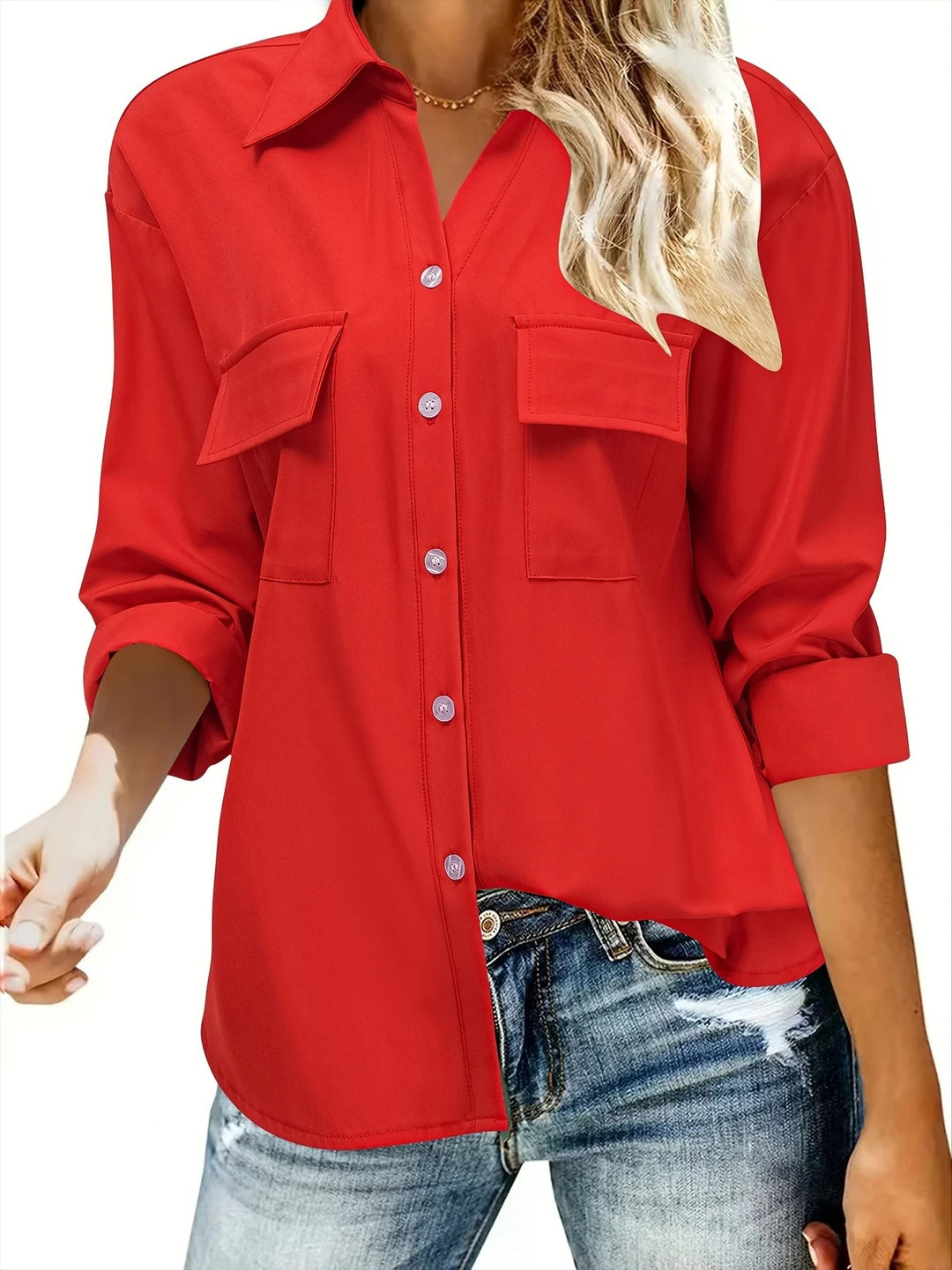 Damen Oversize-Hemdbluse mit Pattentaschen, durchgehender Knopfleiste und umgeschlagenen Ärmeln Shop Nory