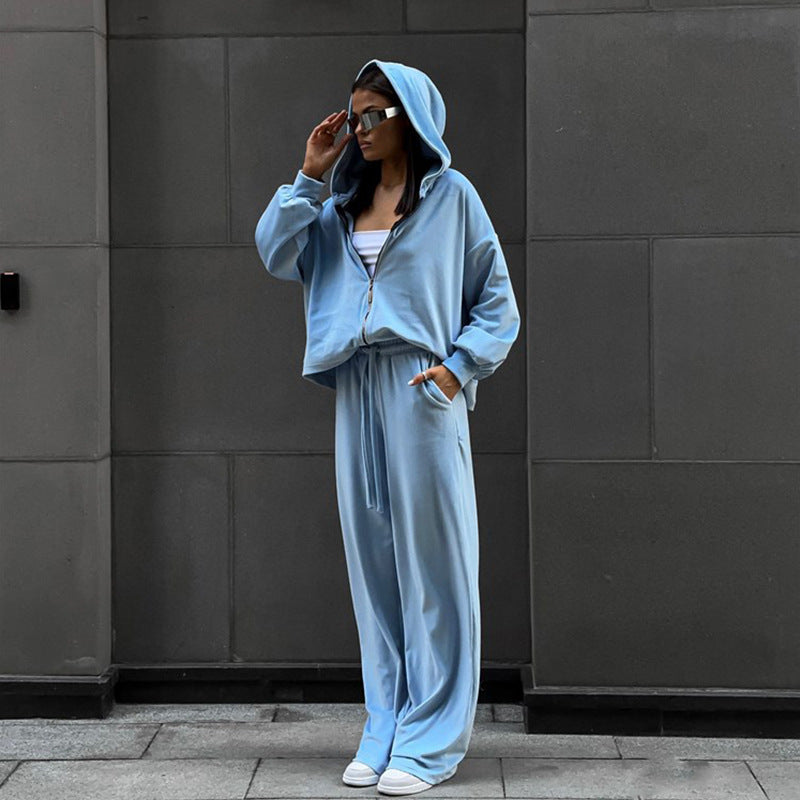 Damen kuscheliges Velours-Zweiteiler mit kurzem Reißverschluss-Hoodie, Tunnelzugbund und weitem Palazzo-Jogger Shop Nory