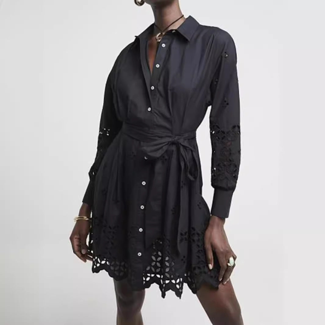 Damen Hemdblusenkleid mit Lochstickerei und Taillengürtel Shop Nory