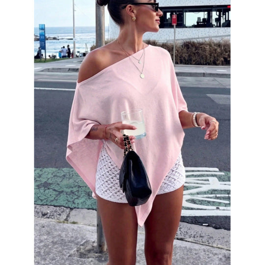 Damen Asymmetrisches Off-Shoulder Poncho-Top aus leichtem Strick Shop Nory