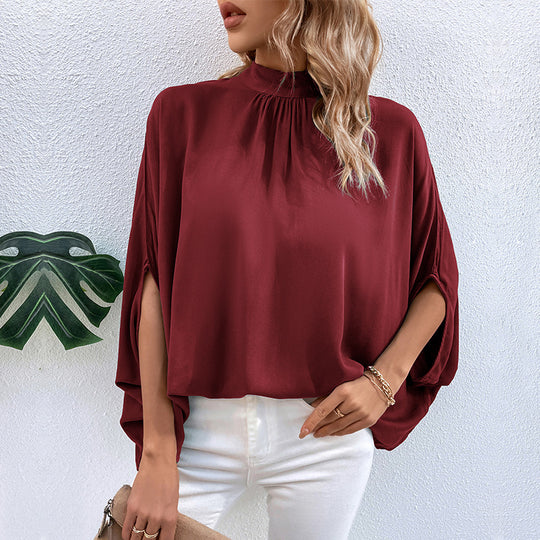Damen Elegante Satin-Bluse mit Stehkrragen, Fledermausärmeln und Ärmelschlitzen Shop Nory