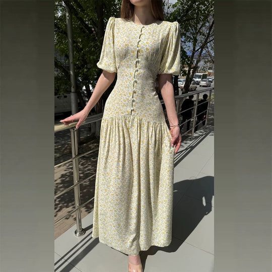 Damen Midikleid mit Puffärmeln, taillierter Silhouette und geknöpftem Mieder Shop Nory