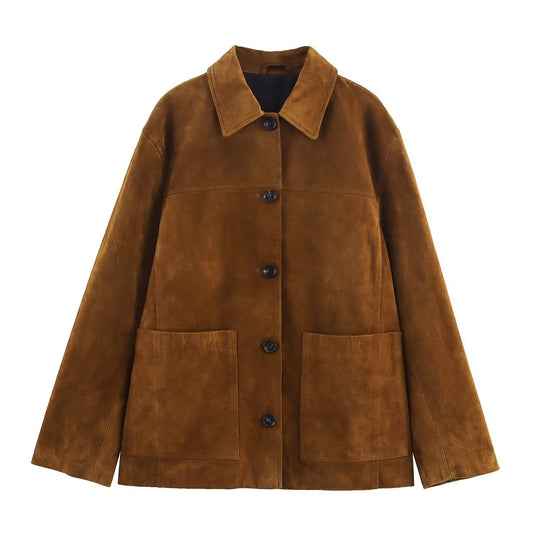 Damen lässige Wildlederjacke mit praktischen Taschen und modischem Schnitt