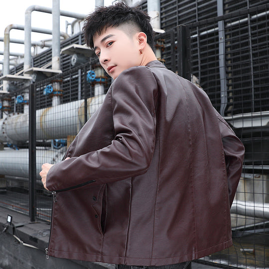 Herren schlanker Kunstleder‑Moto‑Blouson mit Stehkragen und Reißverschluss‑Taschen Shop Nory