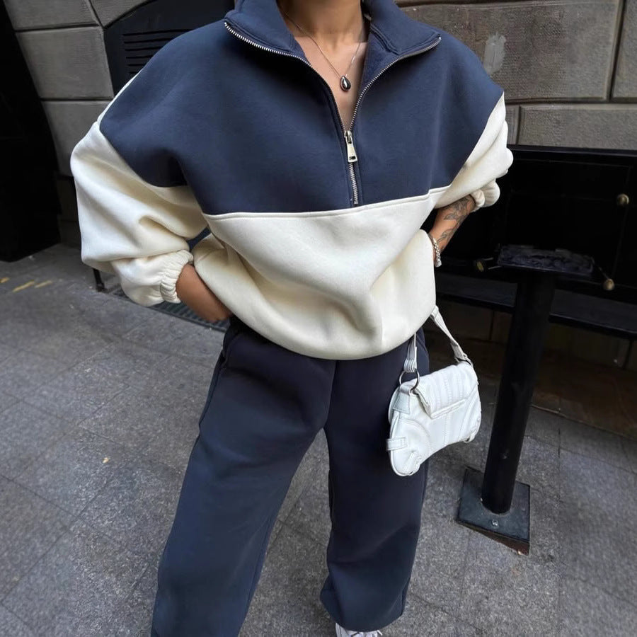 Damen Oversized Zweifarbiges Half-Zip Loungewear-Set mit Stehkragen und weitem Palazzo-Jogger Shop Nory