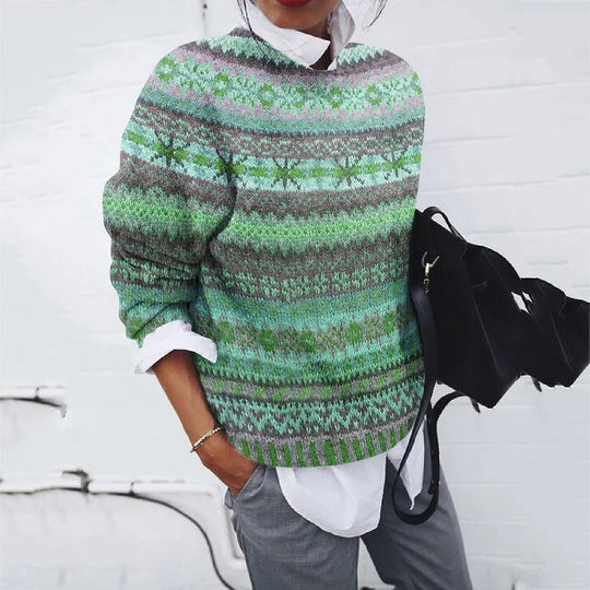 Damen gemusterter Strickpullover mit Rundhalsausschnitt, Fair Isle Muster und lässigem Oversized-Schnitt Shop Nory