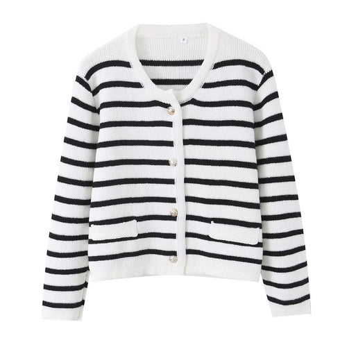 Damen Gestreifte Strickjacke mit Rundhalsausschnitt, Zierknopfleiste und aufgesetzten Taschen Shop Nory