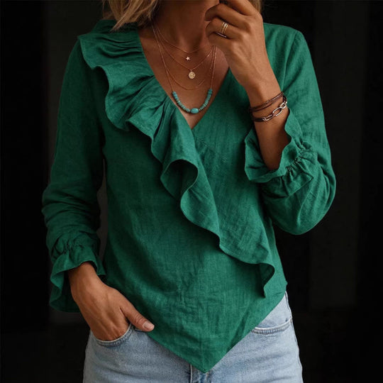 Damen Volant‑Bluse im Leinenlook mit Wickeloptik und asymmetrischem Zipfelsaum Shop Nory