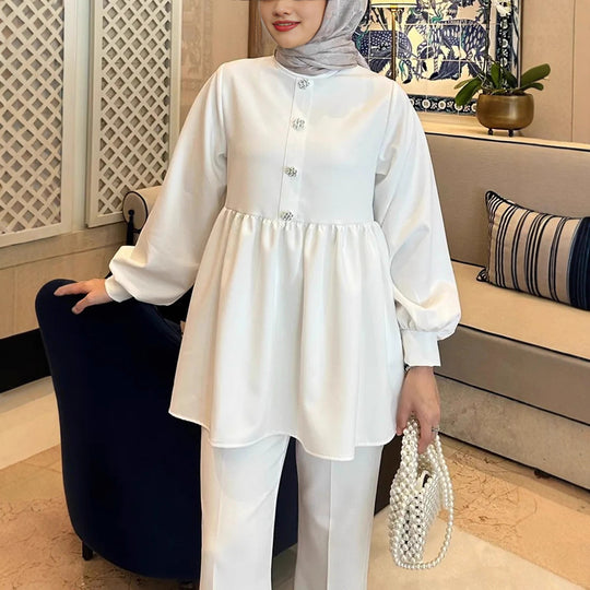Damen Elegantes Tunika‑Hosen‑Set mit geraffter Empire‑Tunika und schlanker Anzughose Shop Nory
