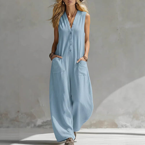 Damen Jumpsuit mit tiefem V-Ausschnitt und praktischen Taschen