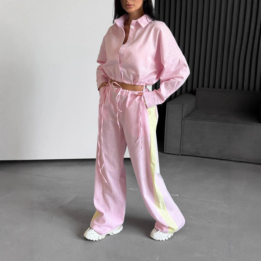 Damen kurzes Hemd mit Kordelzug und weite hochgeschnittene Leinenhose Set Shop Nory
