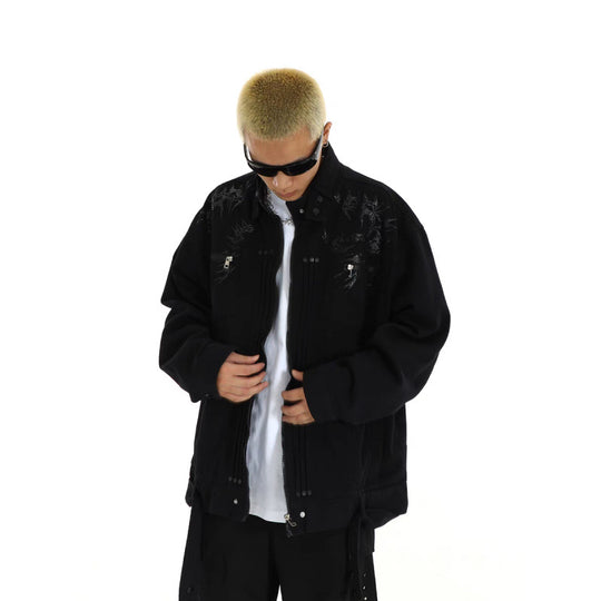 Herren Oversized Utility-Jacke mit Stickerei, Stehkragen, Reißverschluss und langen Gurtbändern Shop Nory