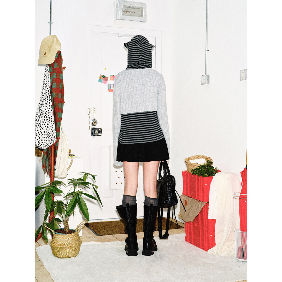 Damen Lagenlook-Kapuzenpullover mit gestreiftem Unterteil und kurzem Rippbolero Shop Nory