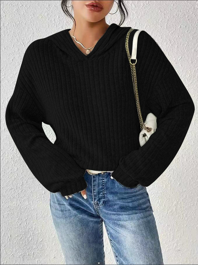 Damen Gerippter Kapuzenpullover mit V-Ausschnitt und Oversize-Ärmeln Shop Nory