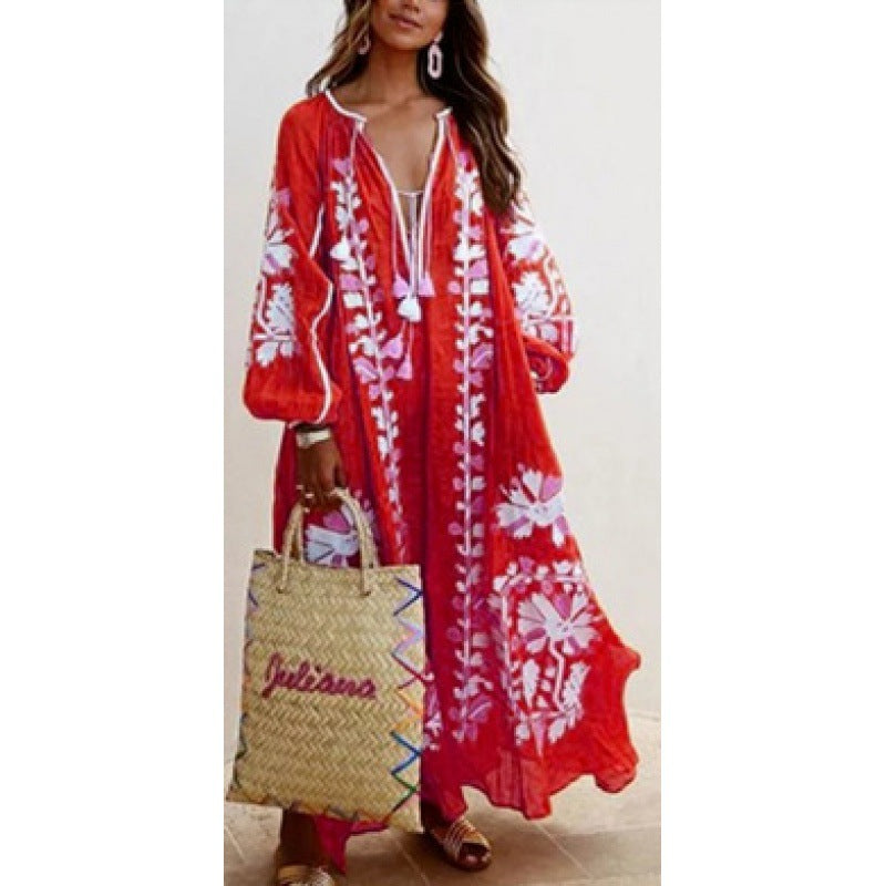 Damen Besticktes Boho-Maxikleid mit Ballonärmeln und Quastenverschluss Shop Nory