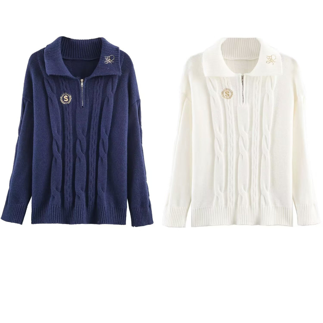 Damen Oversize Zopfstrick-Pullover mit halbem Reißverschluss und Schalkragen Shop Nory