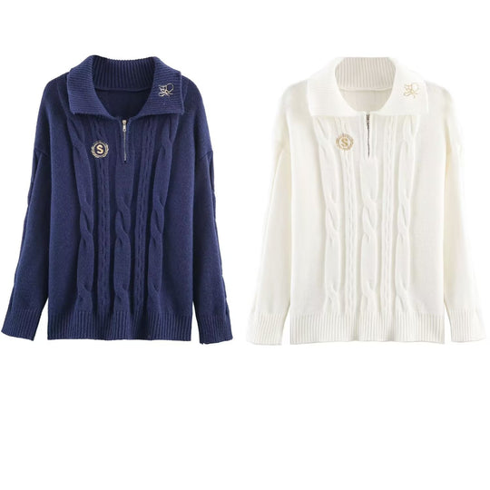 Damen Oversize Zopfstrick-Pullover mit halbem Reißverschluss und Schalkragen Shop Nory