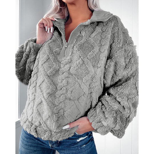 Damen Plüschpullover im Teddy-Look mit halbem Reißverschluss und strukturierter Rautenoptik Shop Nory